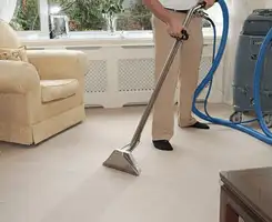 Carpet cleaning professional removing dirt and stains with a hot-water extraction tool in a home, Knoxville, TN.
