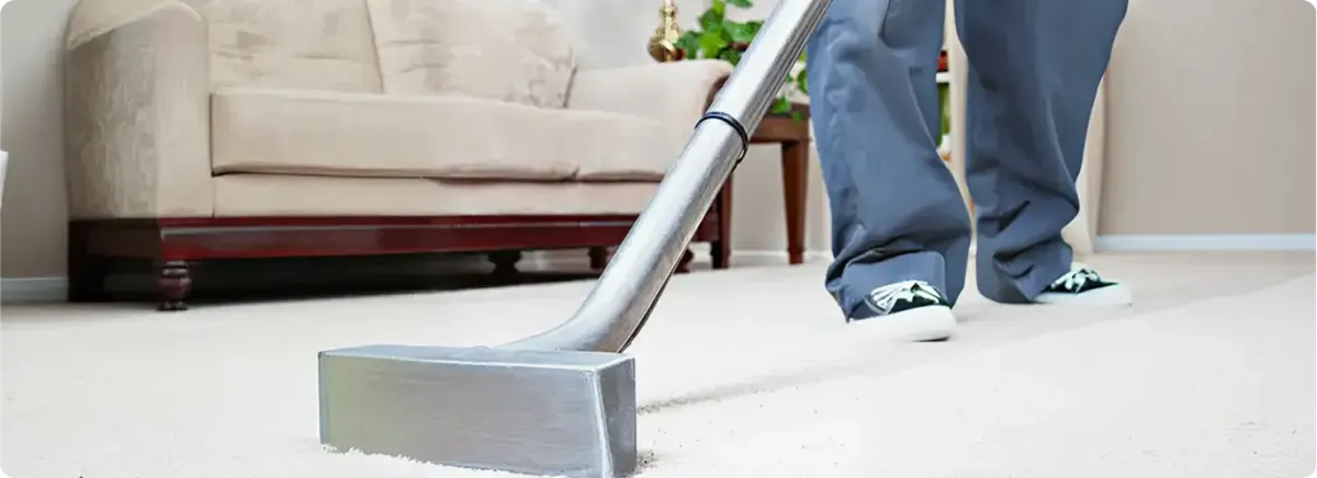 Carpet cleaning technician using a hot-water extraction wand on a light-colored carpet in a living room, Knoxville, TN.