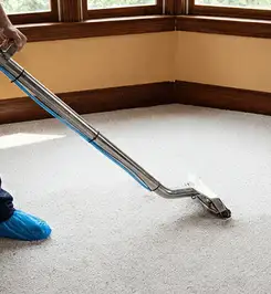 Steam carpet cleaning technician using a hot-water extraction wand on a residential carpet, wearing blue protective shoe covers Knoxville, TN.